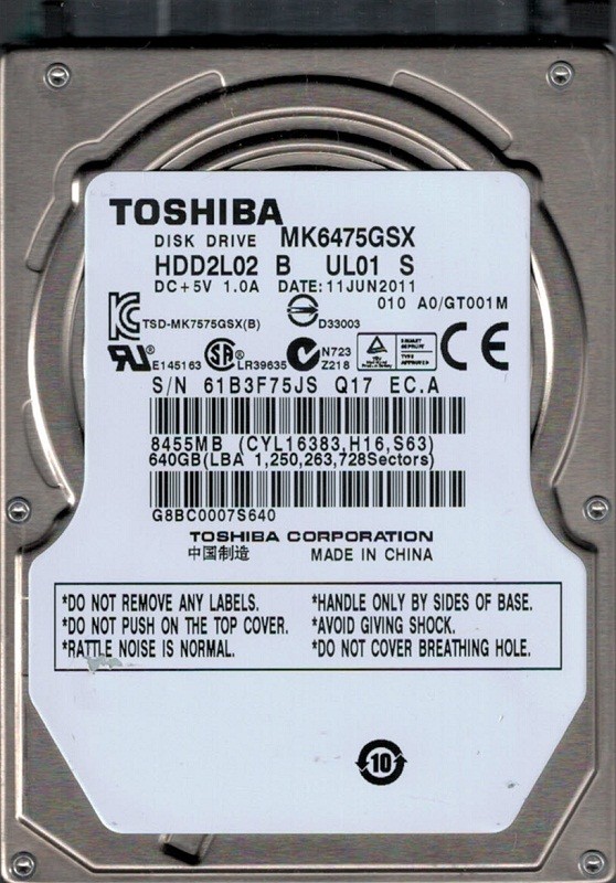 MK6475GSX HDD2L02 B UL01 S F/W: A0/GT001M Toshiba 640GB