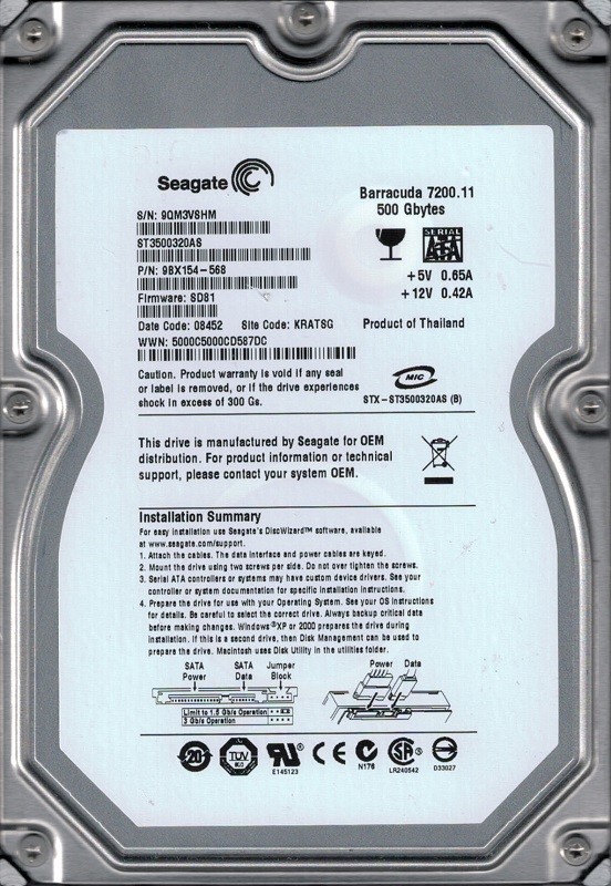 Seagate ST3500320AS P/N: 9BX154-568 F/W: SD81 500GB KRATSG 9QM