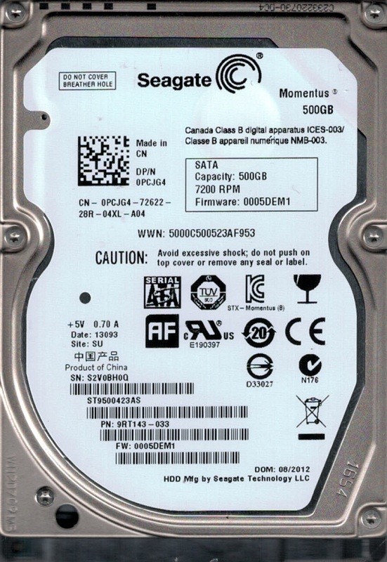 ST9500423AS P/N: 9RT143-033 F/W: 0005DEM1 SU S2V Seagate 500GB