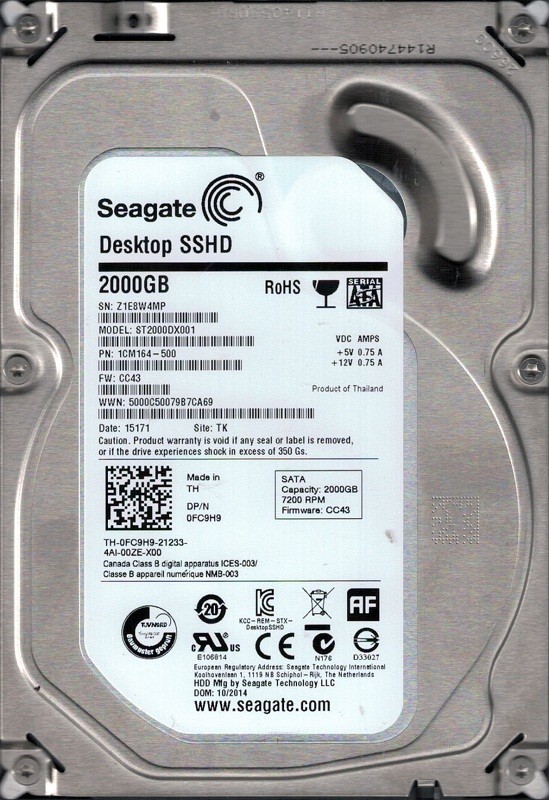 ST2000DX001 P/N: 1CM164-500 F/W: CC43 TK Z1E Seagate 2TB Desktop SSHD
