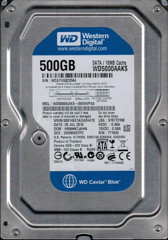 Western Digital WD5000AAKS-00WWPA0 500GB DCM: HBNNNTJAHN