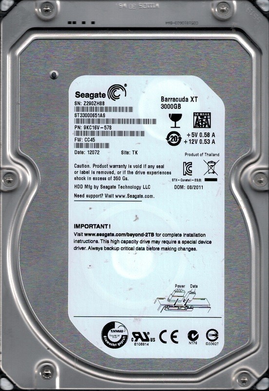 Seagate ST33000651AS 3TB P/N: 9KC16V-578 F/W: CC45 TK Z29