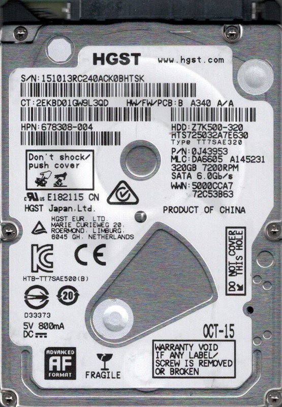 HTS725032A7E630 P/N: 0J43953 MLC: DA6605 HGST 320GB