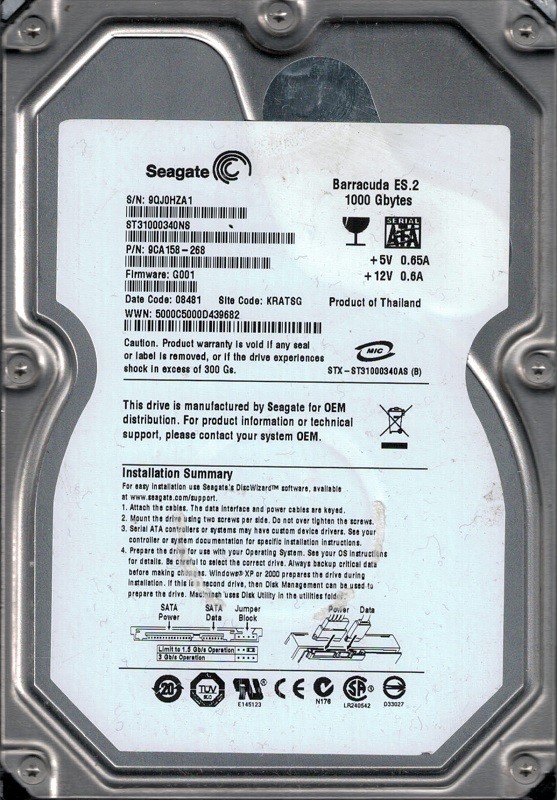 Seagate ST31000340NS P/N: 9CA158-268 F/W: G001 1TB KRATSG 9QJ