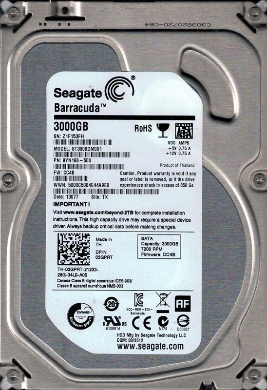 ST3000DM001 P/N: 9YN166-500 F/W: CC4B TK 3TB Seagate Desktop Hard Drive Z1F