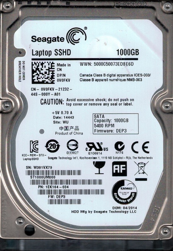 ST1000UM000 P/N: 1EK164-034 F/W: DEP3 WU W38 Seagate 1TB