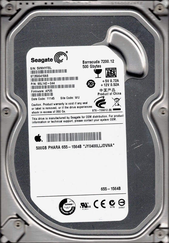 ST3500418AS F/W: AP25 P/N: 9SL142-044 WU 5VM 500GB Seagate MAC 655-1564B