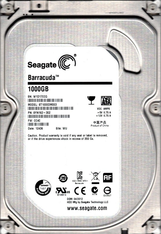 Seagate ST1000DM003 P/N: 9YN162-302 F/W: CC4C 1TB W1D WU