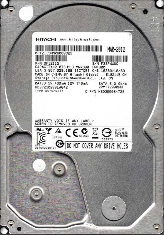 HDS723020BLA642 P/N: 0F12115 MLC: MNR800 Hitachi 2TB Desktop Hard Drive