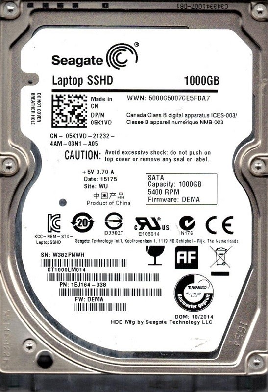 Seagate ST1000LM014 P/N: 1EJ164-038 F/W: DEMA WU W38 1TB SSHD HYBRID