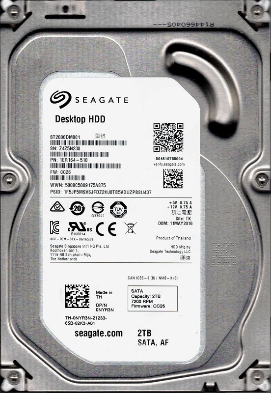 ST2000DM001 P/N: 1ER164-510 F/W: CC26 TK Z4Z Seagate 2TB
