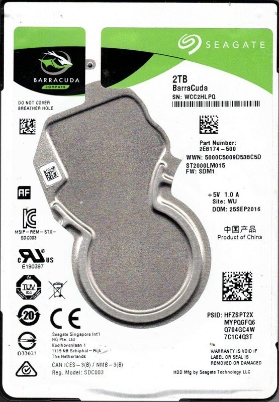 ST2000LM015 P/N: 2E8174-500 F/W: SDM1 WU WCC2 Seagate BarraCuda 2TB