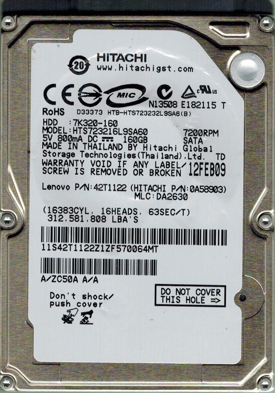 Hitachi HTS723216L9SA60 160GB P/N: 0A58903 MLC: DA2630