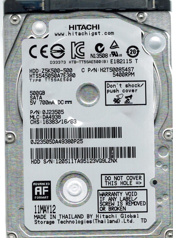 HTS545050A7E380 Hitachi MLC: DA4938 P/N: 0J23505 500GB
