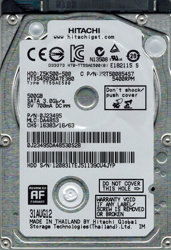 Hitachi HTS545050A7E380 P/N: 0J23495 MLC: DA4853 500GB