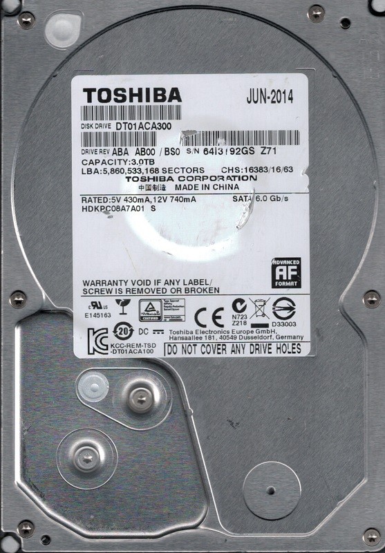 DT01ACA300 ABA AB00/BS0 CHINA HDKPC08A7A01 Toshiba 3TB