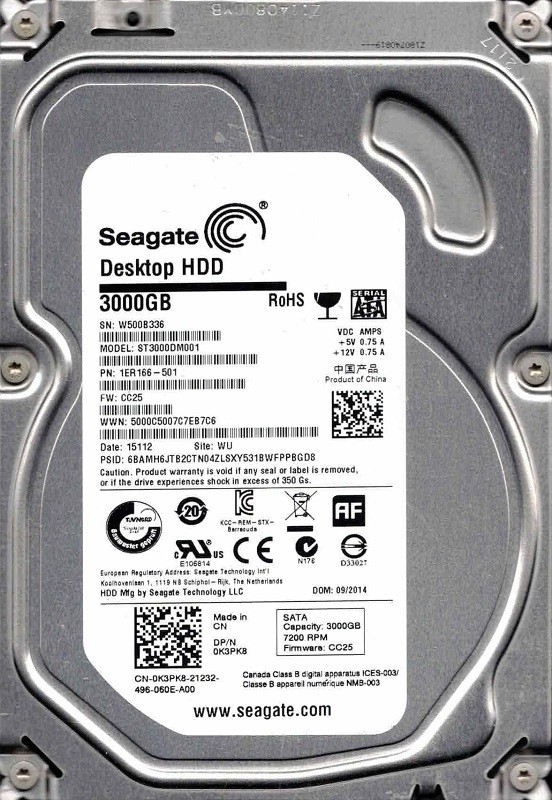 ST3000DM001 P/N: 1ER166-501 F/W: CC25 WU W50 09/2014 Seagate 3TB