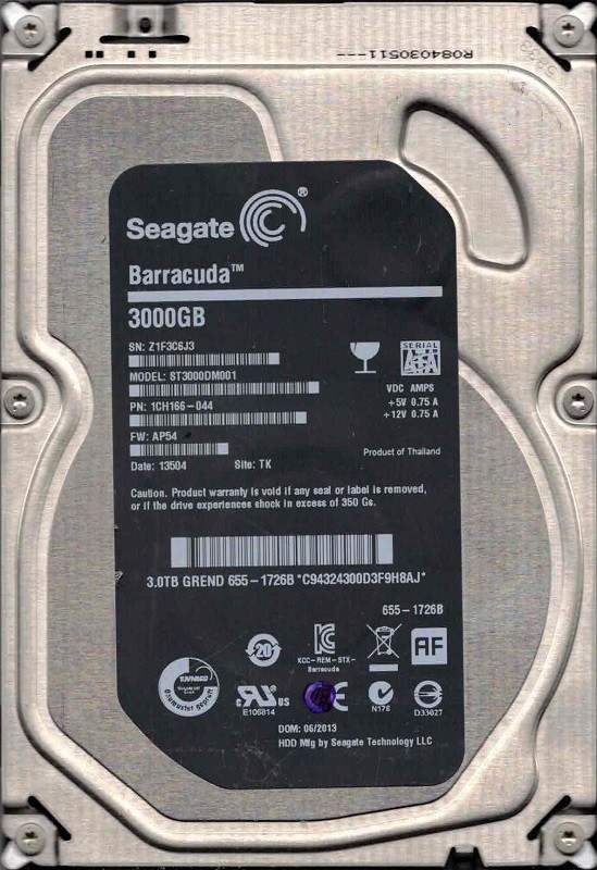 ST3000DM001 P/N: 1CH166-044 F/W: AP54 TK Z1F3 655-1726B 06/2013 Seagate 3TB