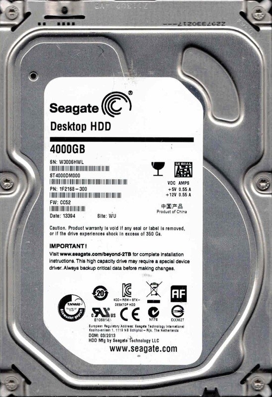 ST4000DM000 P/N: 1F2168-300 F/W: CC52 WU W300 03/2013 Seagate 4TB