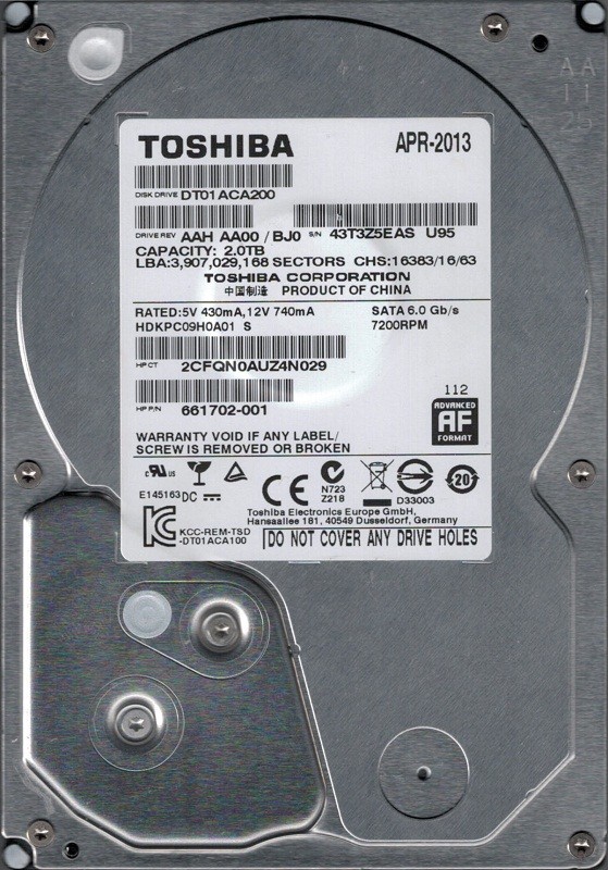 DT01ACA200 AAH AA00/BJ0 Toshiba 2TB hard drive