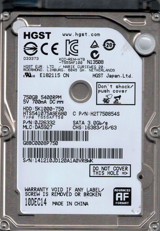 HTS541075A9E680 P/N: 0J26332 MLC: DA5927 China HGST 750GB