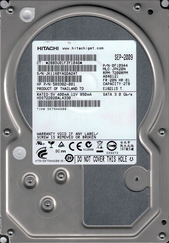 HDS722020ALA330 P/N: 0F10944 MLC: JPK20N Thailand Hitachi 2TB