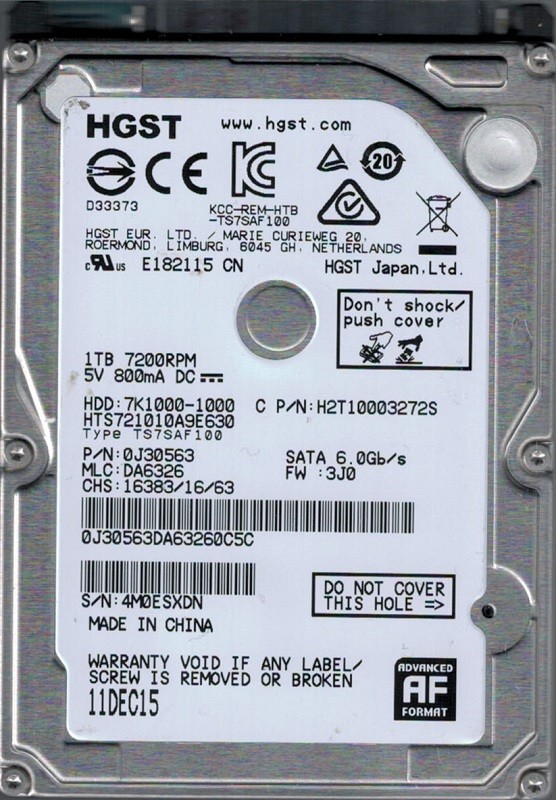 HTS721010A9E630 P/N: 0J30563 MLC: DA6326 China HGST 1TB