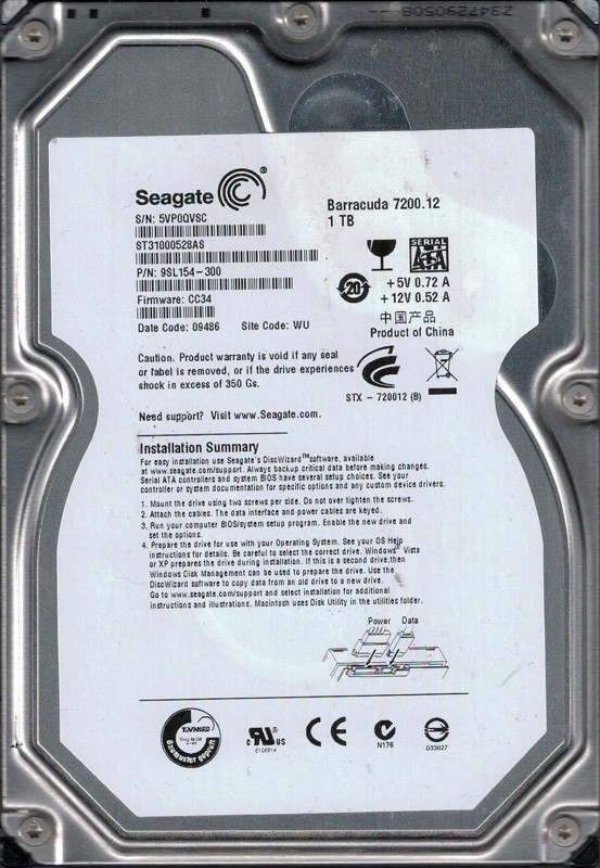 Seagate ST31000528AS F/W: CC34 P/N: 9SL154-300 1TB WU 5VP