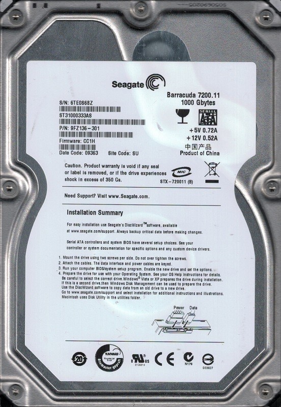 Seagate ST31000333AS P/N: 9FZ136-301 F/W: CC1H SU 6TE 1TB