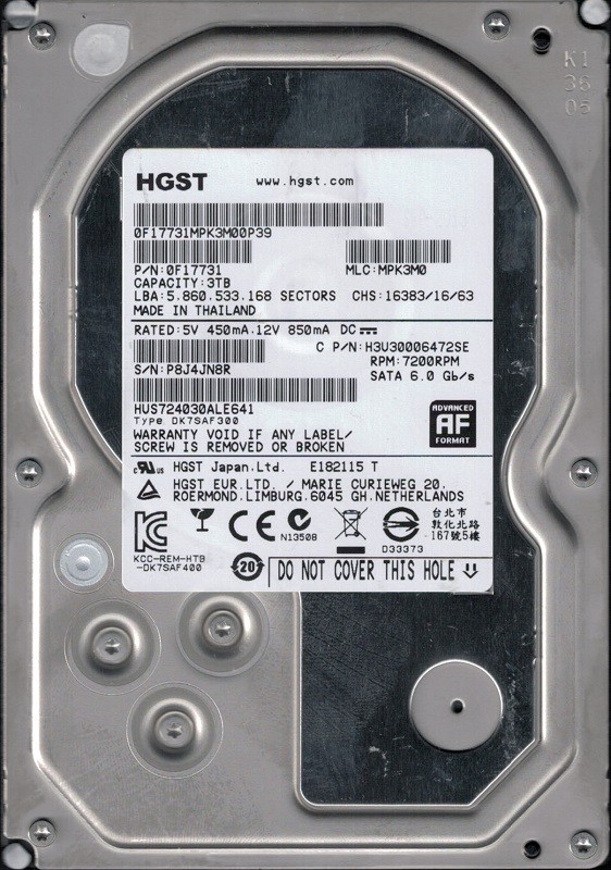 HGST HUS724030ALE641 P/N: 0F17731 MLC: MPK3M0 3TB
