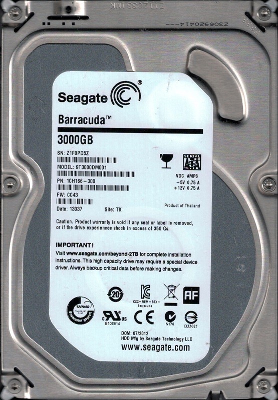 ST3000DM001 P/N: 1CH166-300 F/W: CC43 TK Z1F Seagate Barracuda 3TB