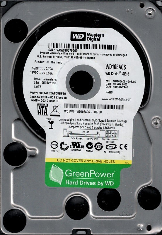 Western Digital WD10EACS-00ZJB0 1TB DCM: HBRCHV2AAB
