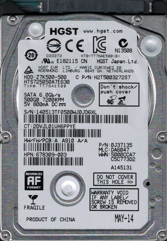 HTS725050A7E630 P/N: 0J37135 MLC: DA6047 China HGST 500GB Laptop HDD