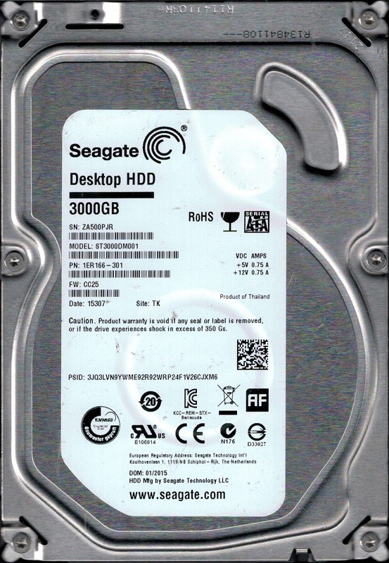 Seagate ST3000DM001 P/N: 1ER166-301 F/W: CC25 3TB TK ZA5