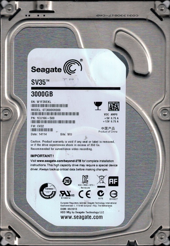 Seagate ST3000VX000 P/N: 1CU166-500 F/W: CV22 3TB WU W1F