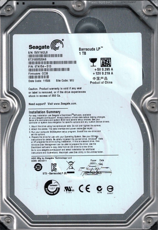ST31000520AS P/N: 9TN154-513 F/W: CC38 Seagate 1TB WU 5VX