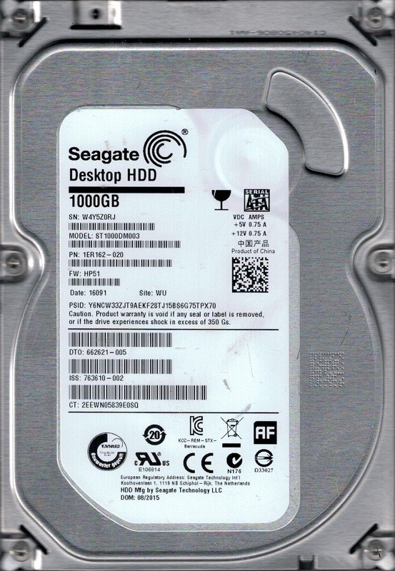 ST1000DM003 P/N: 1ER162-020 F/W: HP51 WU W4Y Seagate 1TB