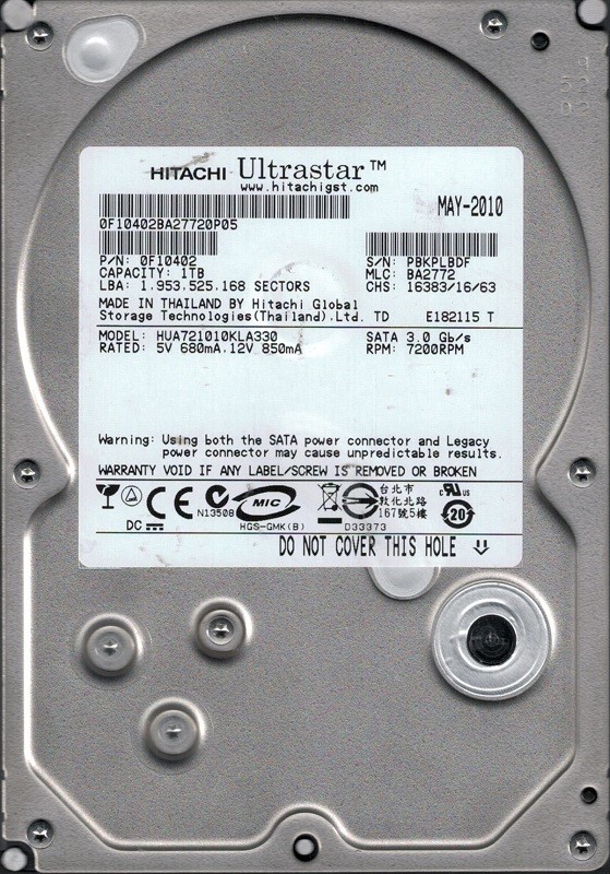 Hitachi HUA721010KLA330 P/N: 0F10402 MLC: BA2772 1TB