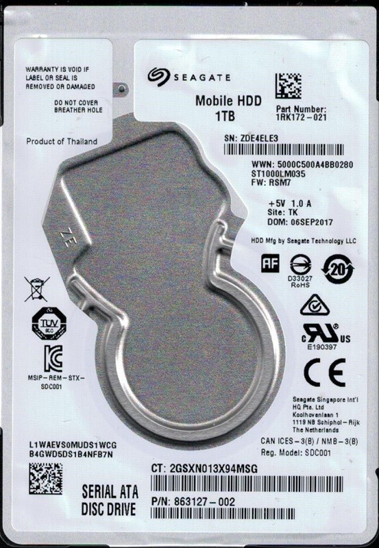 ST1000LM035 P/N: 1RK172-021 F/W: RSM7 TK ZDE Seagate 1TB