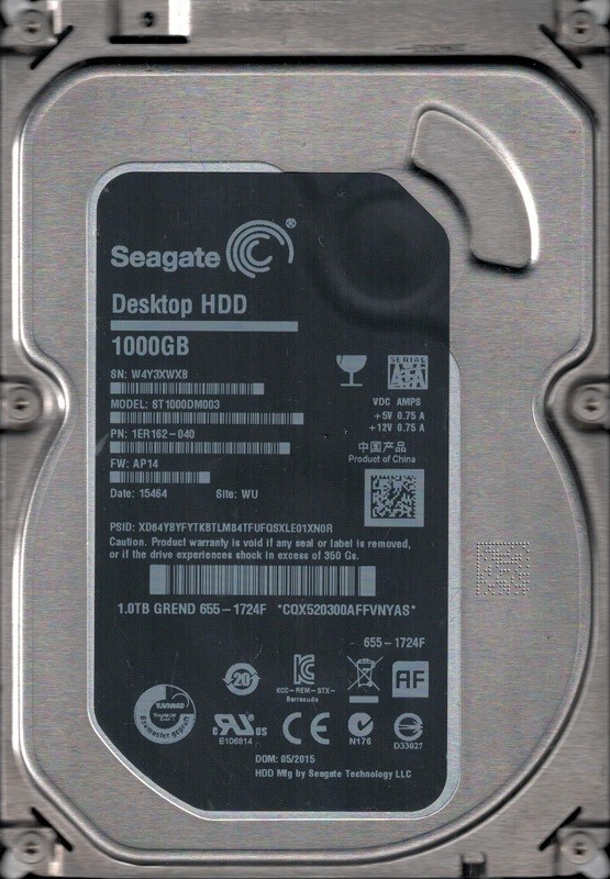ST1000DM003 P/N: 1ER162-040 F/W: AP14 WU W4Y MAC 655-1724F Seagate HDD 1TB