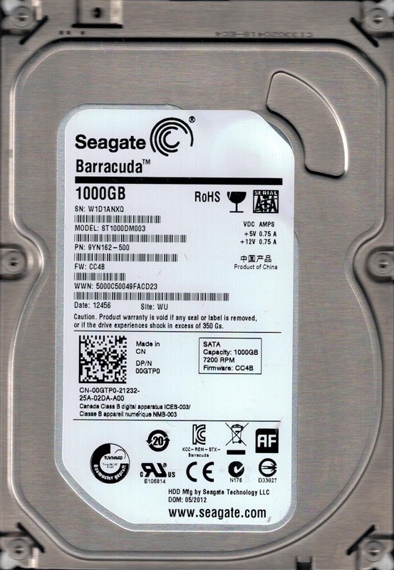 Seagate ST1000DM003 P/N: 9YN162-500 F/W: CC4B WU W1D 1TB