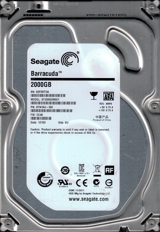 ST2000DM001 P/N: 9YN164-300 F/W: CC46 SU S2F Seagate 2TB