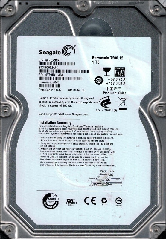 Seagate ST31000524AS P/N: 9YP154-303 F/W: JC45 SU 6VP 1TB