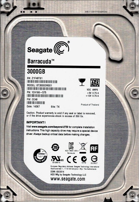 ST3000DM001 F/W: CC49 P/N: 1CH166-575 TK Z1F 3TB Seagate Barracuda