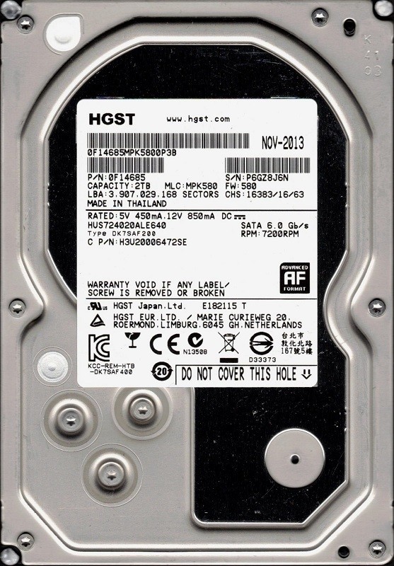 HUS724020ALE640 P/N: 0F14685 MLC: MPK580 2TB HGST Desktop HDD