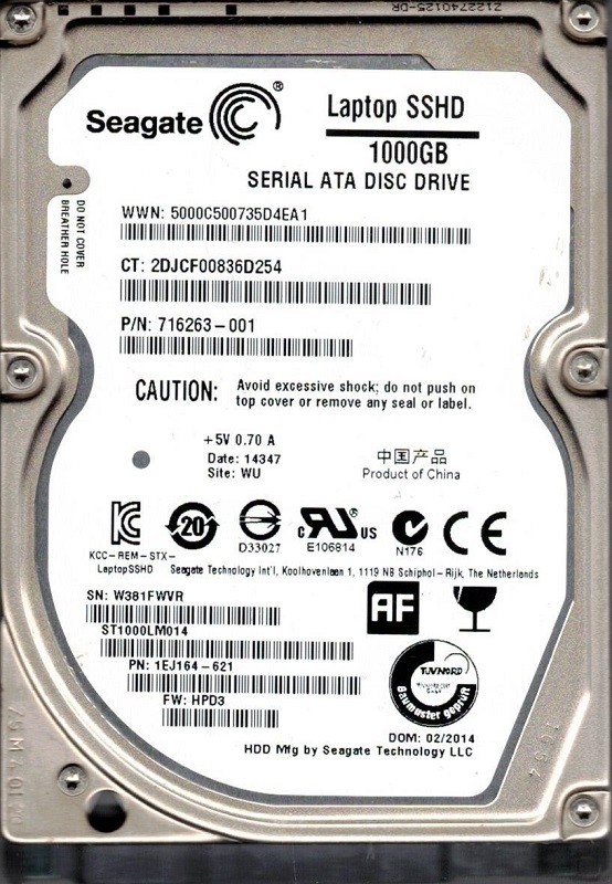 Seagate ST1000LM014 P/N: 1EJ164-621 F/W: HPD3 1TB WU W38 SSHD HYBRID