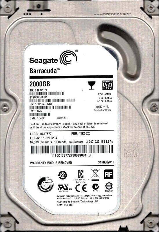 ST2000DM001 P/N: 1CH164-543 F/W: CC76 SU S1E Seagate 2TB