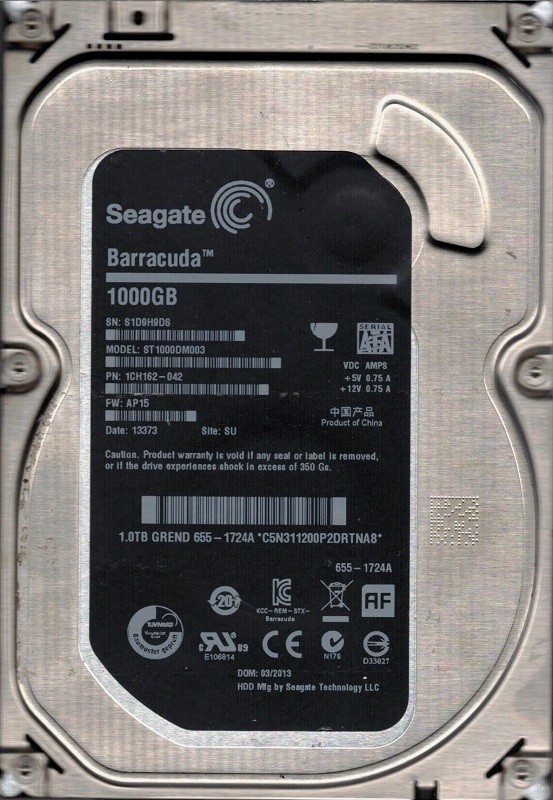 ST1000DM003 P/N: 1CH162-042 F/W: AP15 SU S1D MAC 655-1724A Seagate 1TB