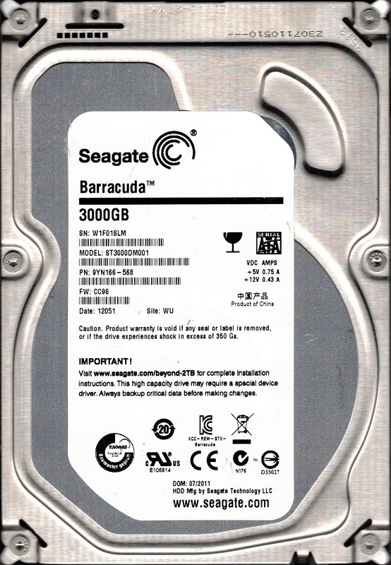 ST3000DM001 P/N: 9YN166-568 F/W: CC96 WU W1F Seagate 3TB