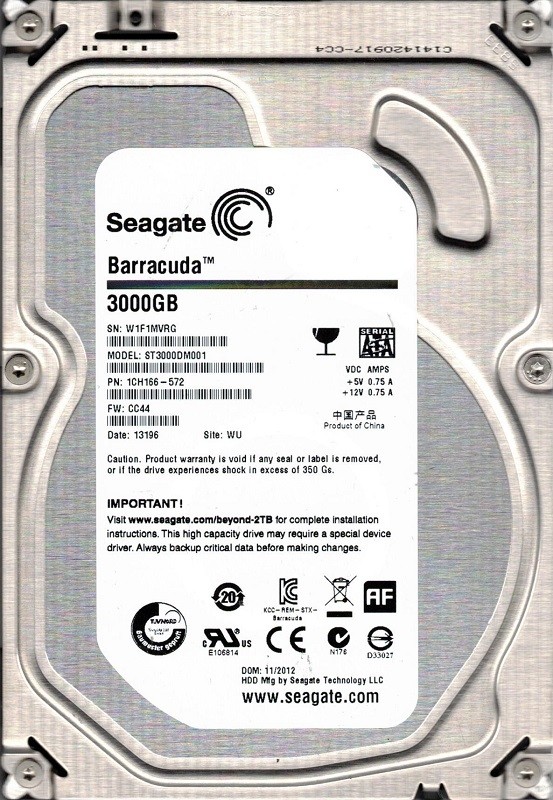 Seagate ST3000DM001 P/N: 1CH166-572 F/W: CC44 3TB WU W1F